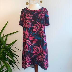 Chelsea28 Small Black Pink Teal Mini Crepe Shift Dress Short Sleeve